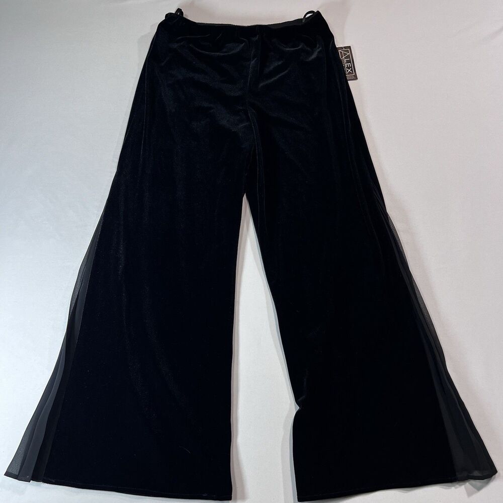 Alex Evenings Women's Wide Leg Velvet Pants Sheer Chiffon Side Panel Black S NWT
